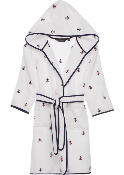 Marine Beyaz Lacivert Pamuklu Kız Çocuk Bornoz