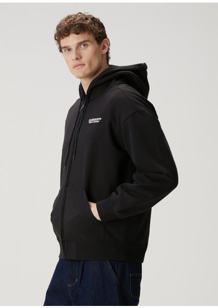 Siyah Kapüşonlu Logo Baskılı Sweatshirt