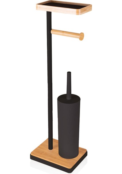 Siyah Metal Tepsili ve Fırçalı Tuvalet Kağıdı Standı