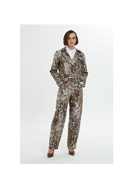 Leopar Desenli Kahverengi Kısa Blazer Ceket