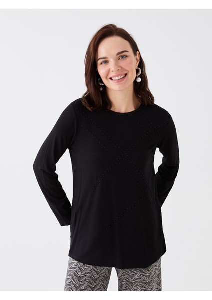 Yeni Sezon Bisiklet Yaka Nakışlı Uzun Kollu Kadın Tişört