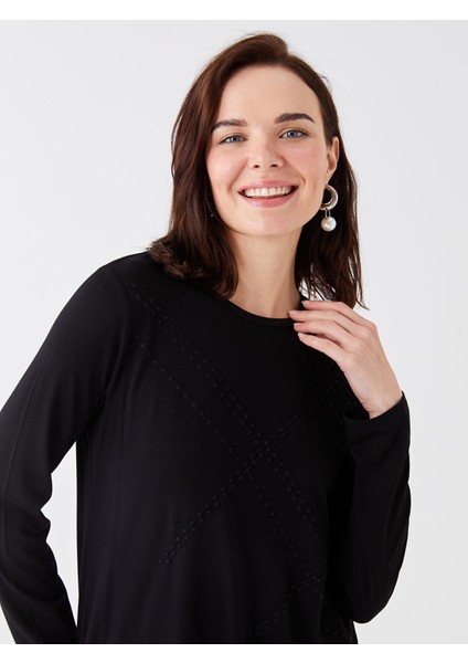 Yeni Sezon Bisiklet Yaka Nakışlı Uzun Kollu Kadın Tişört modelleri