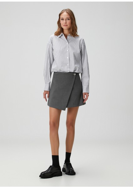 Ribacky Gri Çizgili Mini Gömlek Elbise