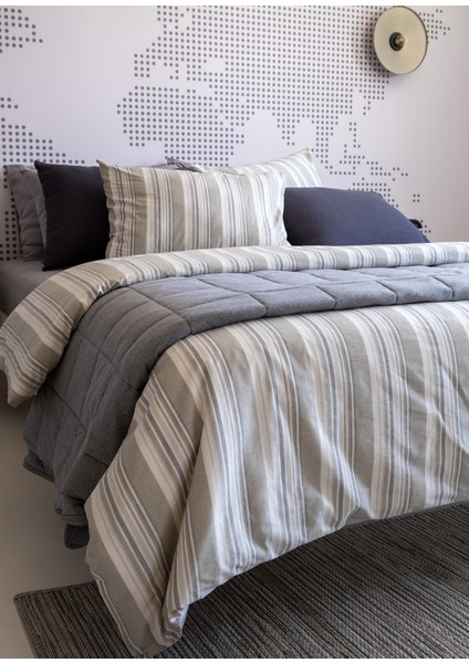 Striped Smooth Percale Haki %100 Pamuk Çift Kişilik Nevresim Kılıfı 200X220