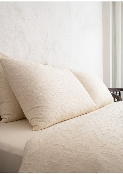 Damask Krem Rengi %100 Pamuk Waffle Çift Kişilik Nevresim Kılıfı 200 x 220 cm
