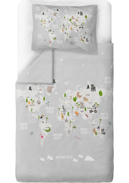 Atlas Gri %100 Organik Pamuk Saten Tek Kişilik Çocuk Nevresim Takımı