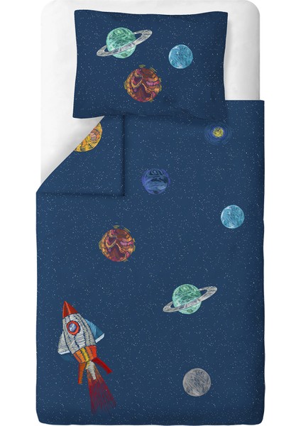 Space Planet %100 Organik Pamuk Saten Tek Kişilik Çocuk Nevresim Takımı