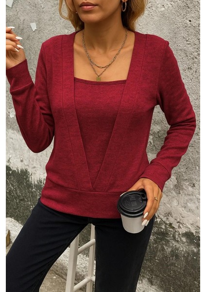 Kadın Uzun Kollu Kruvaze Yaka Kol ve Etek Ucu Manşet Detay Yumoş Bluz