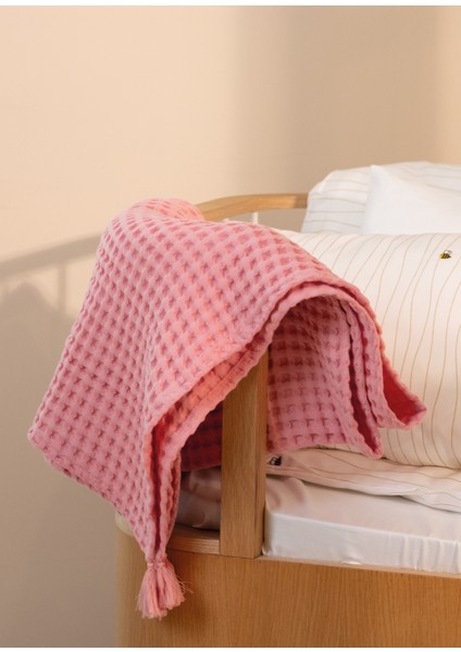 Pembe %100 Organik Pamuk Bebek Çocuk Waffle Pike Örtü 160 x 220 cm modelleri