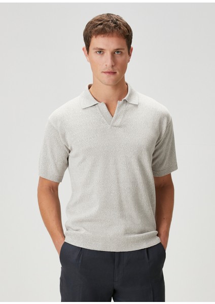 Bej Polo Yaka Kısa Kollu Keten Triko