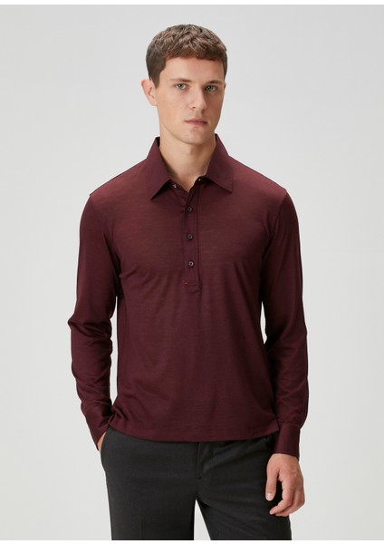 Bordo Polo Yaka Yün Sweatshirt
