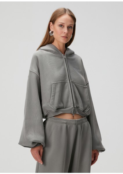 Oversized Gri Kapüşonlu Fermuarlı Sweatshirt