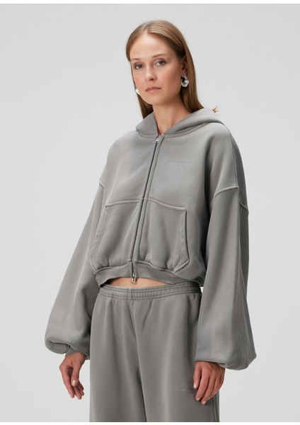 Oversized Gri Kapüşonlu Fermuarlı Sweatshirt modelleri