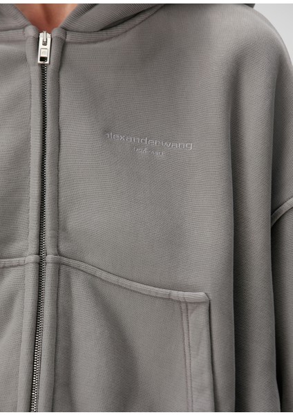 Oversized Gri Kapüşonlu Fermuarlı Sweatshirt indirimleri