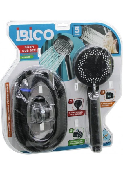 Vakumlu - Siyah Lüks Duş Seti Duş Başlık=5 Mod=fonksiyon Örgülü Hortum=1.5mt Mafsal=3 Kademe (4887)