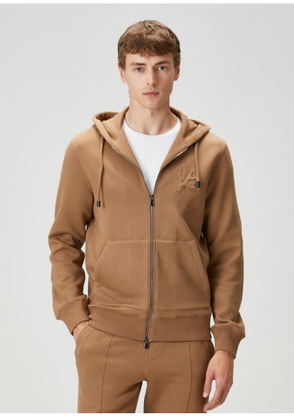 Bej Kapüşonlu Logo Nakışlı Sweatshirt