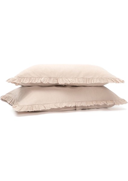 Frill Bej Keten 2'li Yastık Kılıfı Seti