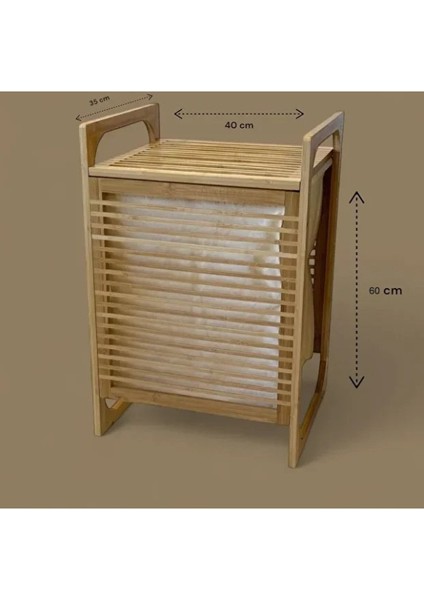 Orta Boy Ahşap Bambu Kirli Sepeti 40X35X60