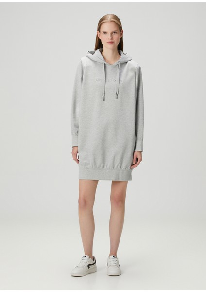 Gri Kapüşonlu Mini Sweatshirt Elbise