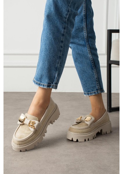 Calsi Kadın Makosen Ayakkabı Fiyonklu Tokalı Bej Süet