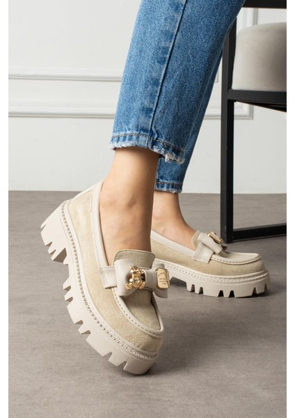 Calsi Kadın Makosen Ayakkabı Fiyonklu Tokalı Bej Süet fiyatları