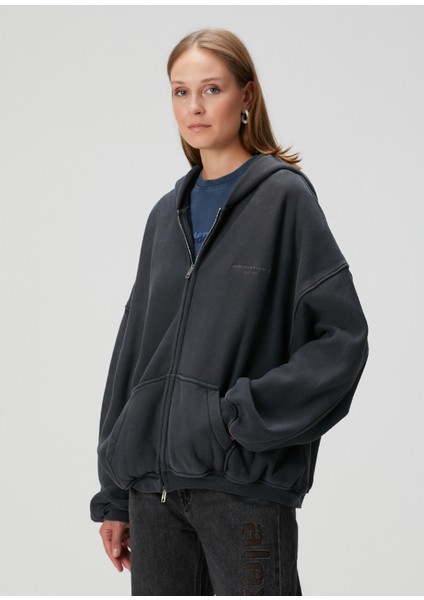 Antrasit Kapüşonlu Fermuarlı Sweatshirt