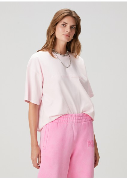 Oversized Pembe Logo Baskılı T-Shirt modelleri