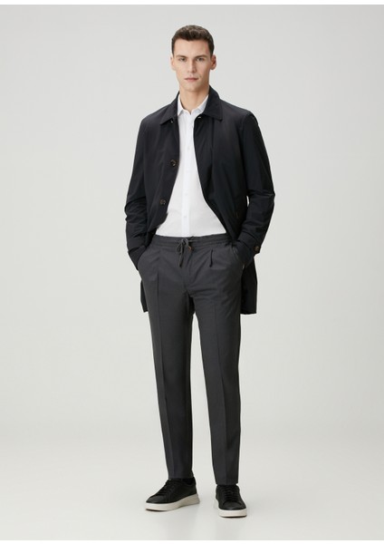 Koyu Gri Beli Kordonlu Pilili Yün Pantolon