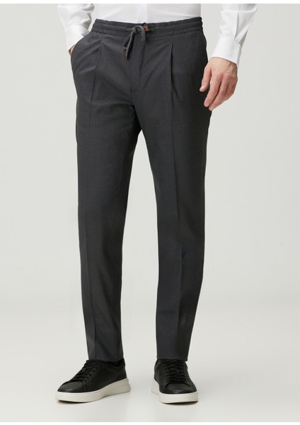 Koyu Gri Beli Kordonlu Pilili Yün Pantolon fiyatları