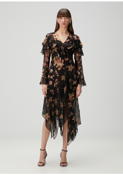 Siyah Çiçekli Midi Elbise