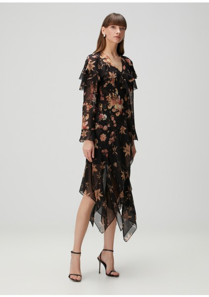 Siyah Çiçekli Midi Elbise modelleri