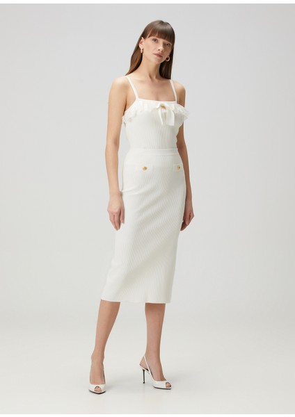 Beyaz Midi Yün Kalem Etek