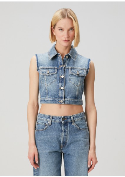 Mavi Crop Denim Yelek modelleri