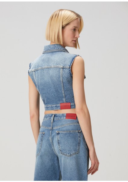 Mavi Crop Denim Yelek fırsatları
