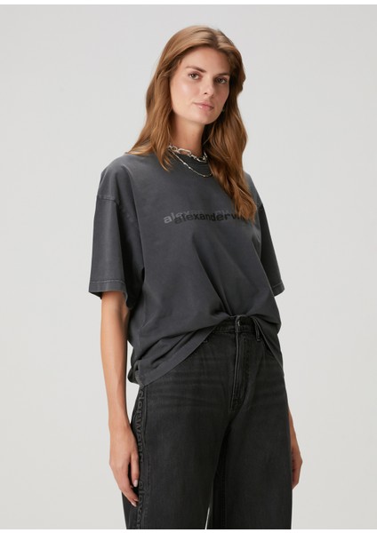 Oversized Antrasit Logo Baskılı T-Shirt