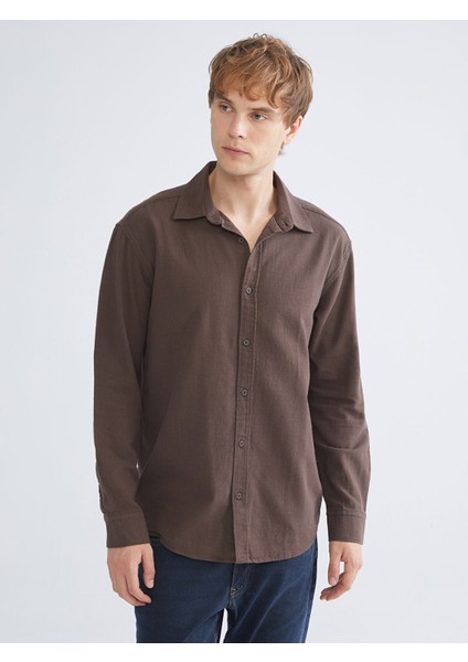 Yeni Sezon Regular Fit Uzun Kollu Keten Görünümlü Erkek Gömlek