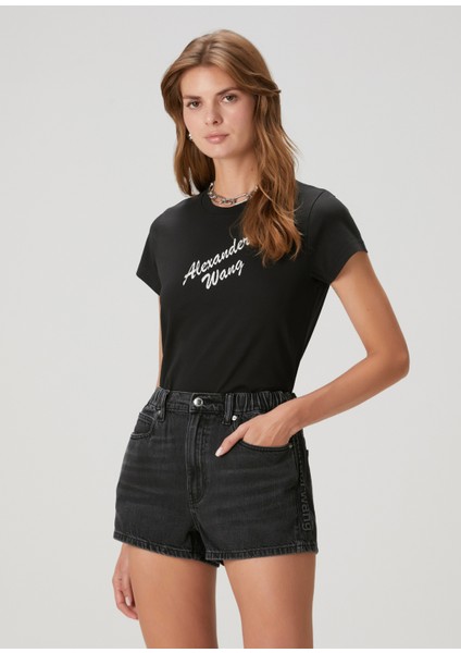 Siyah Taşlı Logo Baskılı T-Shirt