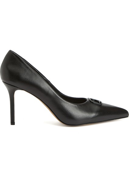 Siyah Kaz Logolu Deri Stiletto