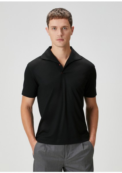 Siyah Polo Yaka Yün T-Shirt