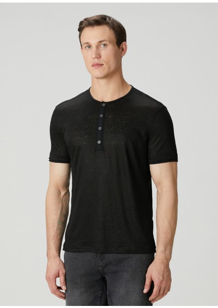 Regular Fit Bleecker Yakası Düğmeli Keten T-Shirt modelleri