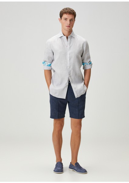 Lacivert Beli Kordonlu Yün Bermuda