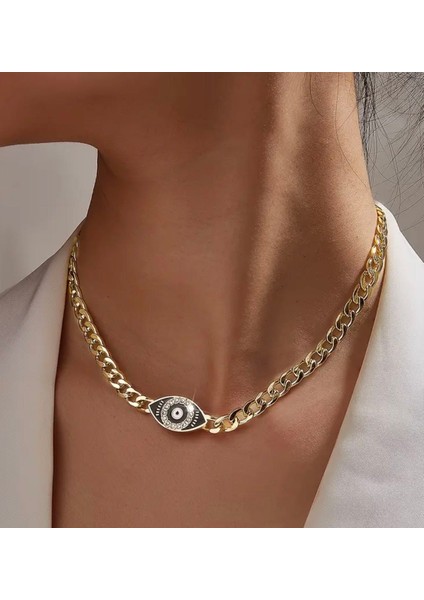 Altın Rengi Choker Kolye Taşlı Göz Charmlı Kolye