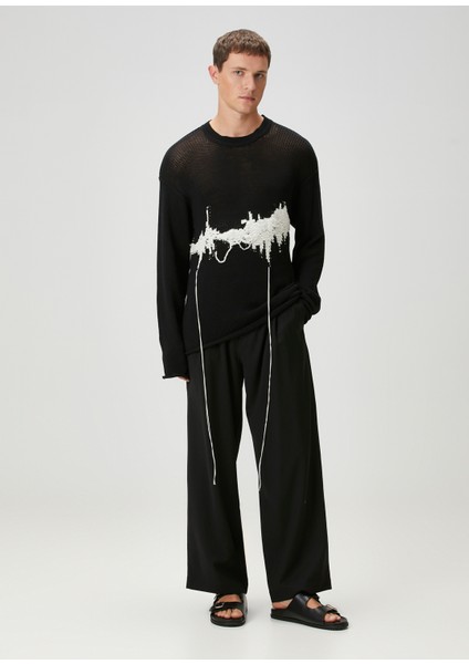 Siyah Beli Kordonlu Yün Pantolon