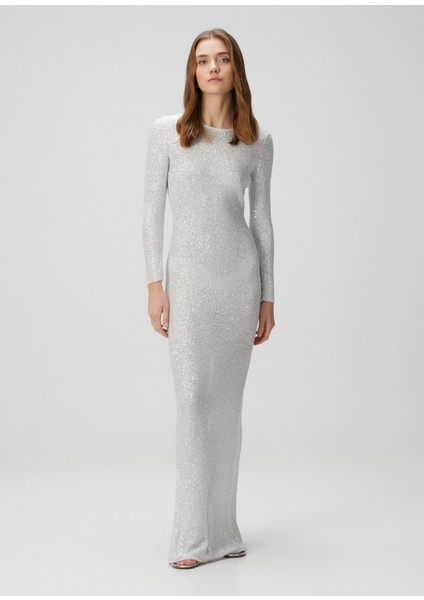 Beyaz Payet Işlemeli Maksi Elbise