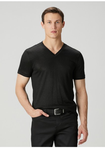 Slim Fit Wooster Siyah V Yaka Keten T-Shirt