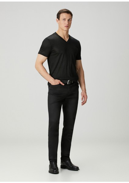 Slim Fit Wooster Siyah V Yaka Keten T-Shirt fiyatları