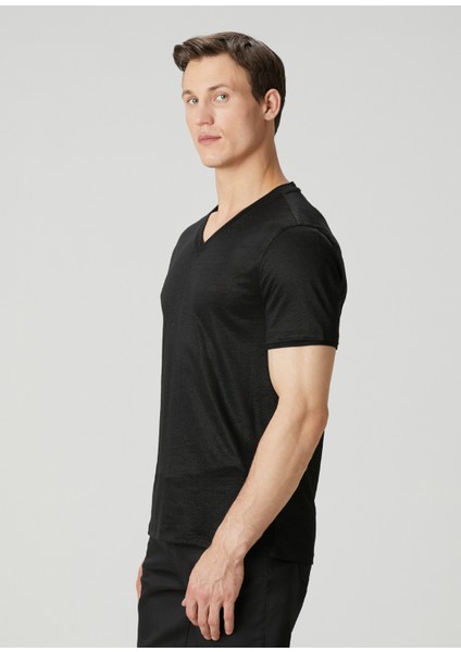 Slim Fit Wooster Siyah V Yaka Keten T-Shirt modelleri