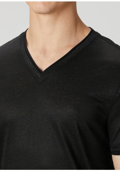 Slim Fit Wooster Siyah V Yaka Keten T-Shirt indirimleri