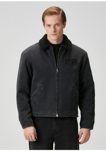 Siyah Yakası Shearling Detaylı Denim Mont