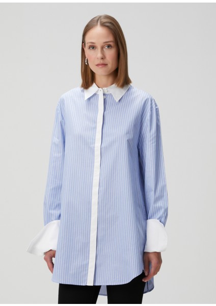 Mavi Beyaz Manşet Detaylı Organik Pamuk Gömlek